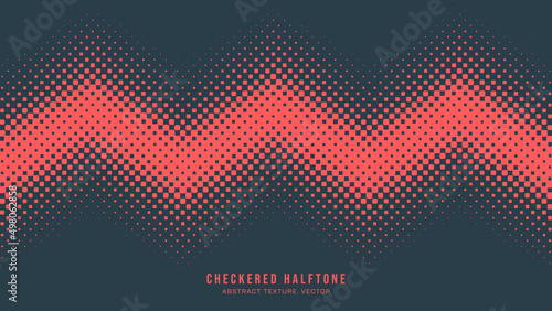 Vector Halftone Checkered Pattern Horizontal Zigzag Line Border Red Blue Abstract Background. Chequered Squares Dotted Zig Zag Wavy Texture Pop Art Graphic Design. Half Tone Contrast Wide Wallpaper