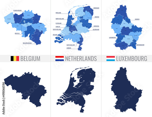 Map of the Benelux countries in blue colors on white background, with flags and icons