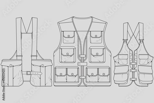 Set of chest vest bag outline drawing vector, chest vest bag in a sketch style, trainers template outline, vector Illustration. 