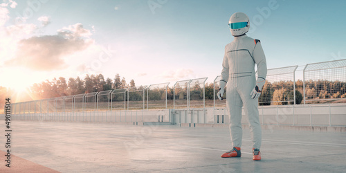 3D rendering of a racing pilot on a race track