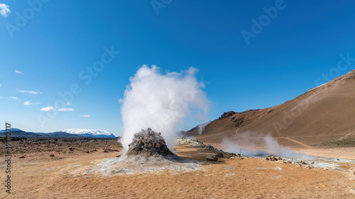 Hverir Myvatn geothermal area with natural steam vents and mud pools all around Lake Myvatn, the Hverir geothermal fields, Iceland