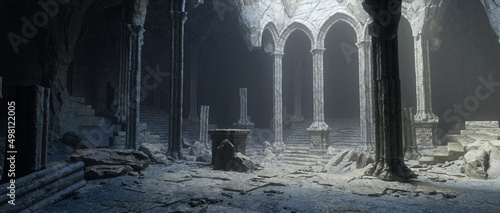 Dark and creepy old ruined medieval fantasy temple. 3D illustration.