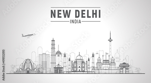 New Delhi (India ) line city skyline white background. Flat vector illustration. Business travel and tourism concept with modern buildings. Image for banner or website.