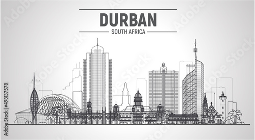 Durban (South Africa)line skyline with a panorama on white background. Stroke vector Illustration. Business travel and tourism concept with modern buildings. Image for banner or website.