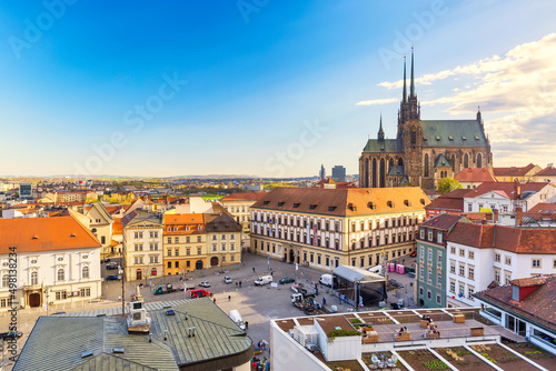 Cathedral of St Peter and Paul in Brno, Moravia, Czech Republic with town square during sunny day. Famous landmark in South Moravia.