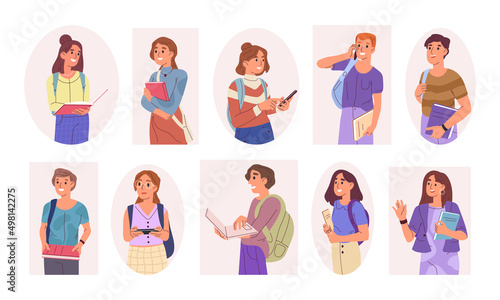 Teenage people, happy students portraits, young man and woman diverse. Curious teen girls and boys, college student group vector symbols illustrations set. High school pupils
