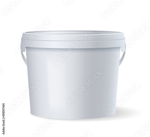 White glossy plastic bucket with lid and handle for food products, paint, household stuff