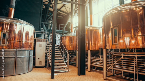 Brewery equipment. Brew manufacturing. Round cooper storage tanks for beer fermentation and maturation.