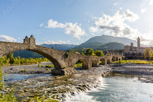 Panoramic view of The Hampback Bridge in Bobbio, Emilia Romagna region, Italy.