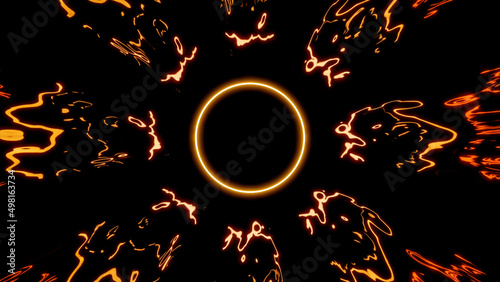 Black background. Design. Bright blots of purple and orange in abstraction that create a pattern with a circle in the center, next to which are iridescent rays of light.