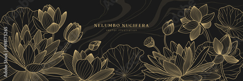 Gold lotus vector background with fluid marble. Luxury design template with line lily and leaves. Nelumbo nucifera flower for banners, invitations, cover and packaging design.