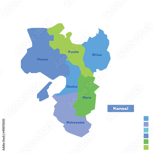 日本の地域図・日本地図 関西地方 雨の日カラーで色分けしてみた（英語版）