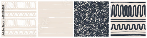 Boho lace seamless pattern set with zig zag, waves and swirls. Fashionable vector design in black, sand beige and white colours for textile.