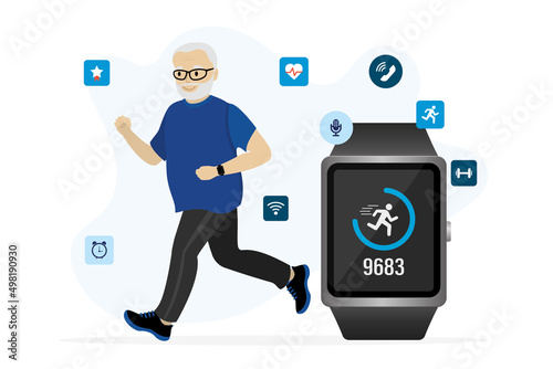 Caucasian grandfather uses smart watch for counting steps. Fitness tracker with application - step counter, pedometer, activity heart rate monitoring. Old man running. Wireless technology.