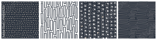 Dark masculine seamless pattern set. Black, grey and white vector design with rectangle and square irregular shapes.