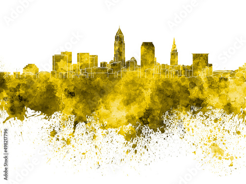 Cleveland skyline in yellow watercolor on white background