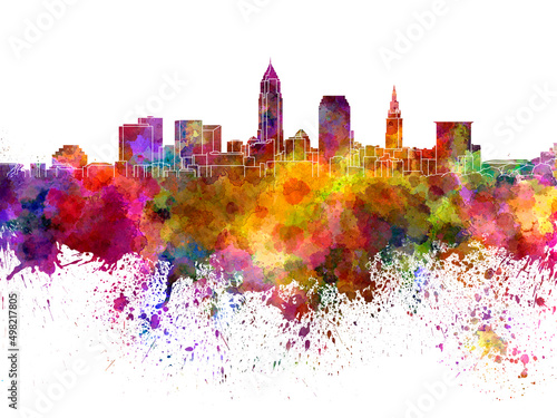 Cleveland skyline in watercolor on white background