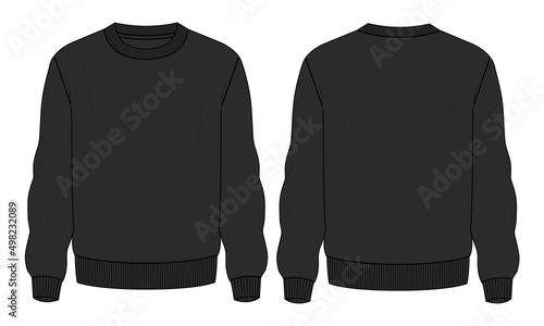 Long Sleeve Sweatshirt technical fashion flat sketch vector illustration Black Color template front and back views. Fleece jersey sweatshirt sweater jumper for men's and boys.