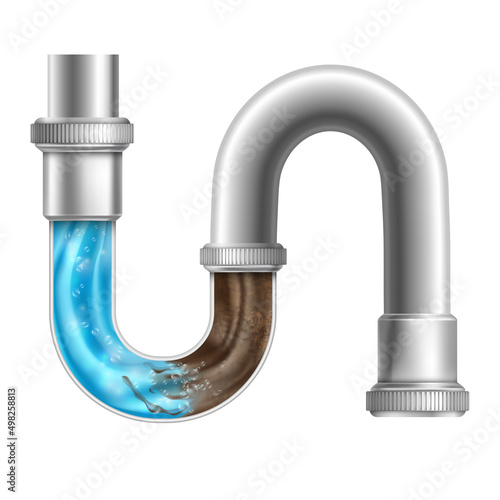Realistic drain pipe. Clogging plumbing 3d pipes under sink or sewerage, liquid cleaner for unclog toilet drains, clean water block in dirt piped drainage tidy vector illustration