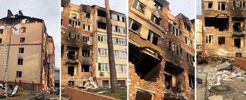 Collage photo of destroyed building after russian war aggression against Ukraine in Irpen. Photos before and after.