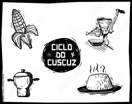 Couscous cycle (Ciclo do cuscuz). Illustration in woodcut style