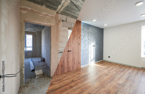 Modern flat room with stylish design as concept of before and after reconstruct renovation, comparison of upgraded remodeling in comfortable flat bedroom during rework in real estate.