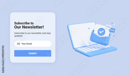 Subscribe to newsletter banner template with laptop and letter envelope. Email business marketing concept. Subscription to news and promotions. Registration form. Web button mockup. 3D Rendering