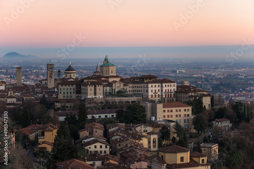 Aerial view postcard upper town Bergamo sunset