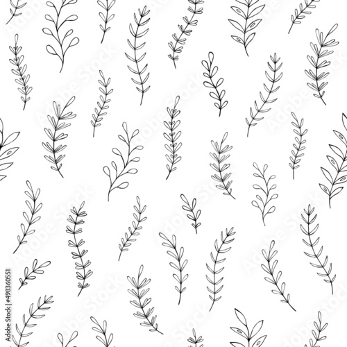 Seamless vector pattern of graphic floral and herbal elements. Background for greeting card, website, printing on fabric, gift wrap, postcard and wallpapers.