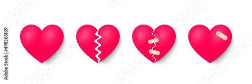 Broken hearts set of 3d realistic icons. Heartbreak with bandage. Pain, broken love heart or divorce icons. Heal relationship, loneliness hurts and healthy love. Red heart with plaster. Vector