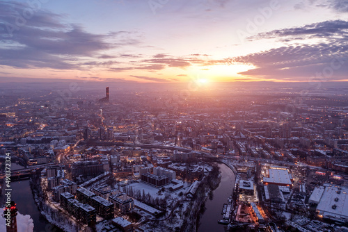 Evening panorama of the city of Wroclaw, at sunset, view from a height, winter city