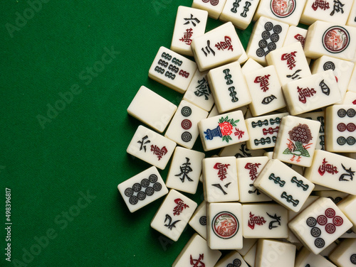 The mahjong on table ancient asian board game close up image