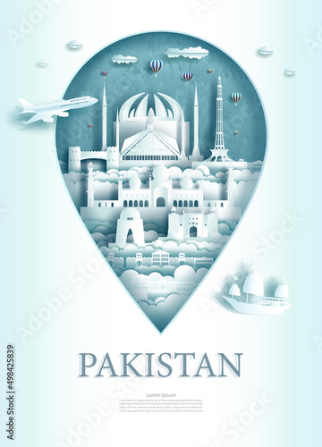 Travel landmarks Islamabad of Pakistan architecture in pin point symbol. Tour landmark monument pin in Asia with modern city building business travel poster and postcard. Tourism landmark of Pakistan.