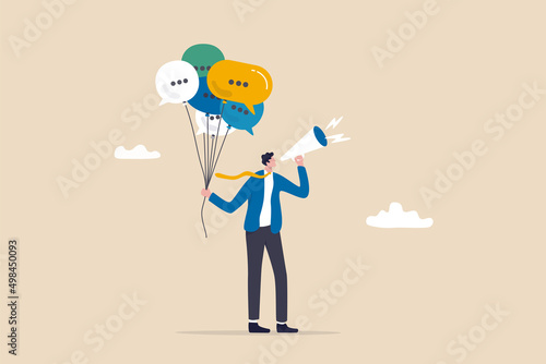 Communication or PR, Public Relations manager to communicate company information and media, announce sales or promotion concept, businessman holding speech bubble balloons while talking on megaphone.