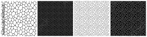 Black and white voronoi seamless patterns vector set. Irregular geometric shapes repeated backdrop. line polygonal cells template background collection. for web tiles, science and interior designs.