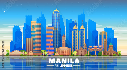 Manila City ( Philippines ) skyline with panorama in white background. Vector Illustration. Business travel and tourism concept with modern buildings. Image for banner or website.