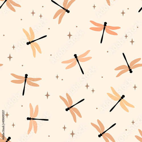 Seamless pattern with dragonfly. Hand drawn vector background. Texture for textile, print, packaging.