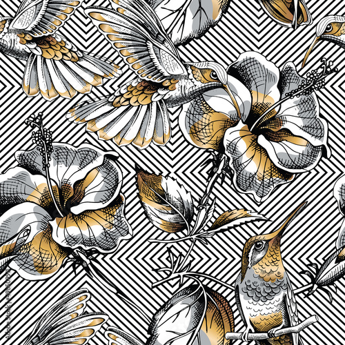 Seamless pattern with image gold Hummingbird and Hibiscus flowers on a geometric background. Vector illustration.