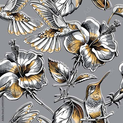 Seamless pattern with image gold Hummingbird and Hibiscus flowers on a gray background. Vector illustration.