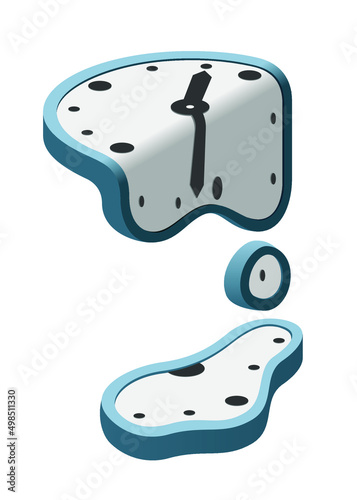 Surrealistic clock melting and dripping forming puddle. Vector illustration