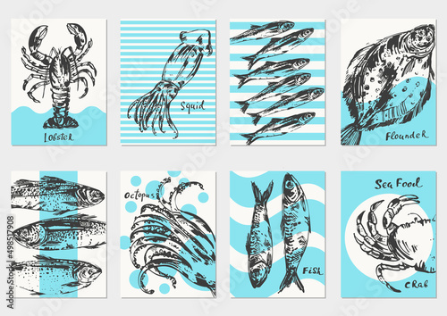 Hand drawn ink sketch of seafood, fish background with blue stripes and weaves