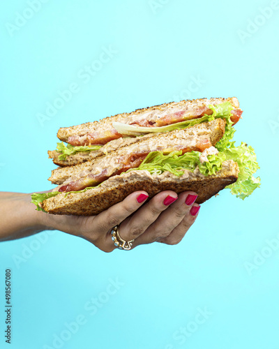 Vertical shot of a female holding a tuna sandwich