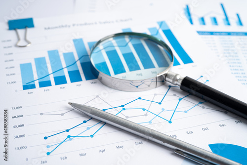 Magnifying glass on charts graphs paper. Financial development, Banking Account, Statistics, Investment Analytic research data economy, Stock exchange trading, Business office company meeting concept.