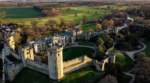Drone view of the Warwick castle in the daytime.