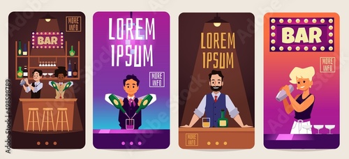 The bartender at the bar. The bartender makes a cocktail, set of vertical homepages, vector flat illustration