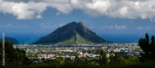 Panoramic view of Port Louis, Mauritius against a high rocky mountain