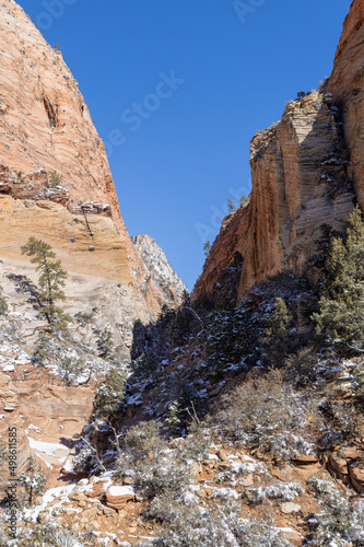 Snow covered Winter Landscape in Zion National Park Utah