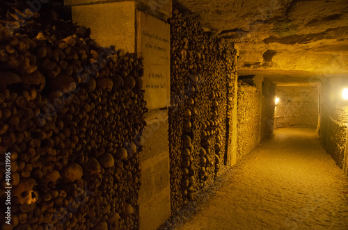 The Catacombs of Paris underground ossuaries, which hold the remains of more than six million people. Details of skulls and bones. France 