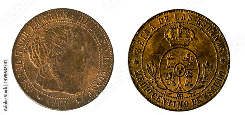 Spanish coins - Half a cent of a shield, Elizabeth II. Minted in copper in the year 1867