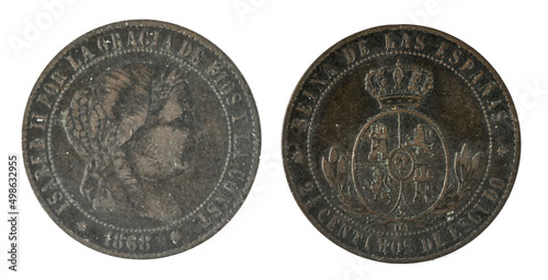 Spanish coins - two and a half centimos de escudo, Isabel II. Minted in copper from the year 1868